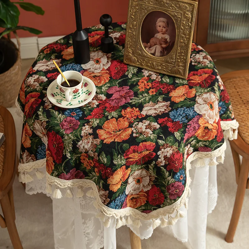 American Rural Vintage Tablecloth with Tassels, Aesthetic Fabric Table Cover, Wrinkle Resistant Dustproof Decorative Table Cloth