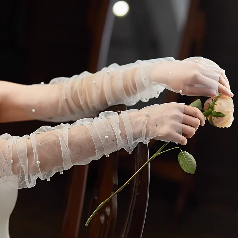 WG111-Guantes Blancos sin dedos para mujer, manoplas largas de tul con perlas y abalorios de cristal, sin mangas para novias, desfile y graduación