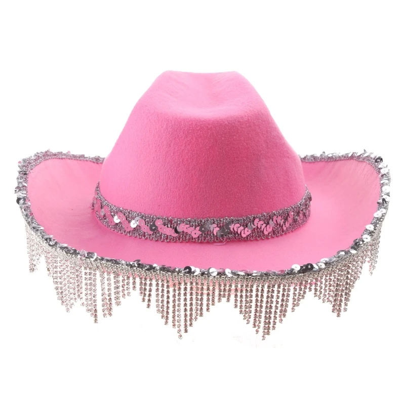 Cowgirl Hat Sequins Rhinestones Fringe Glitter Hats for Halloween Dress Up Cosplays Party Costume Accessories