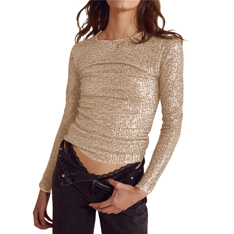 Sequin Long Sleeve Crop Top for Women Round Neck Glitter Shiny Party T-shirt Club Streetwear Shirt Casual Pullover Tee Evening