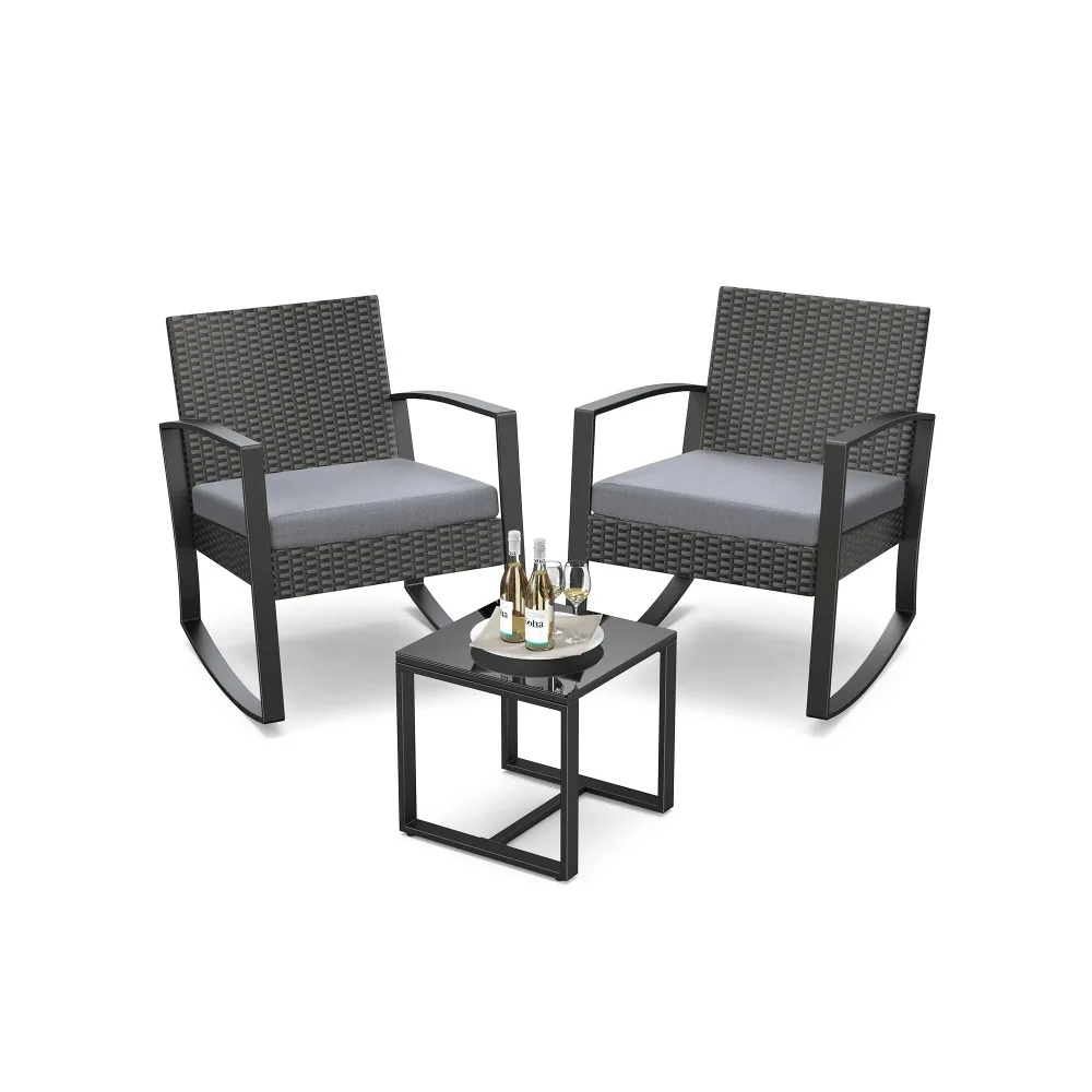 3 Piece Outdoor Furniture Set with Comfortable Sofa Style Rocking Chairs and Tempered Glass Table Modern Durable Sturdy Outdoor Decor Patio Furnishings for Camping Beach Backyard Garden All Weather Rattan Wicker Bistro Set for Balcony Porch Deck and Pool