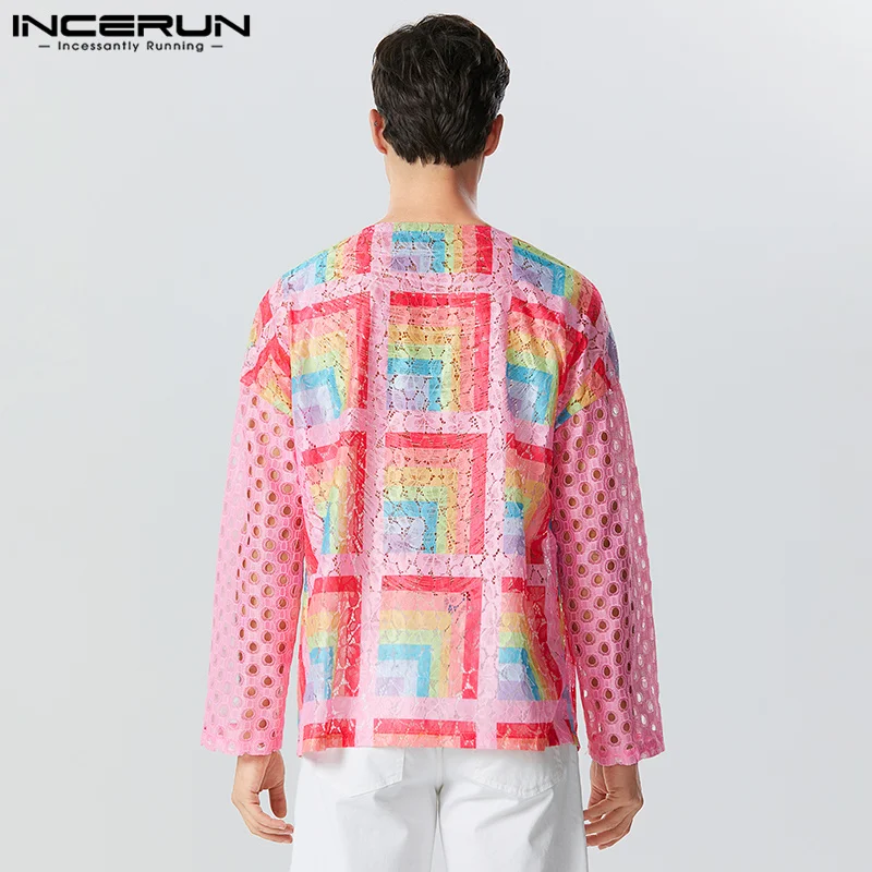 Casual Fashion Style Tops INCERUN Men\'s Tracery Patchwork See-through Mesh Shirts Male Long Sleeved Collarless Blouse S-5XL 2023