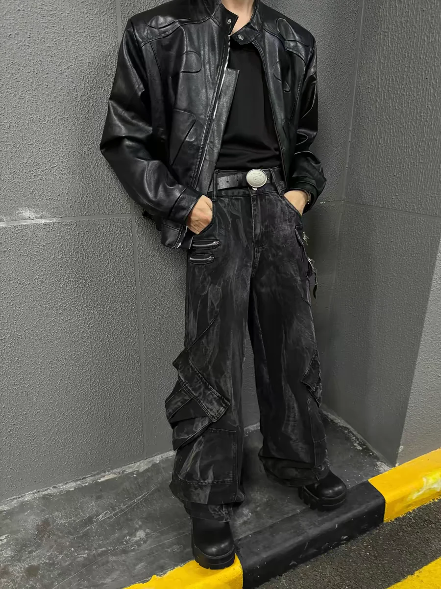 

Retro American Punk Ro Men's Denim Jeans Multi-ket Workwear Design Heavyweight Casual Straight Leg Jeans