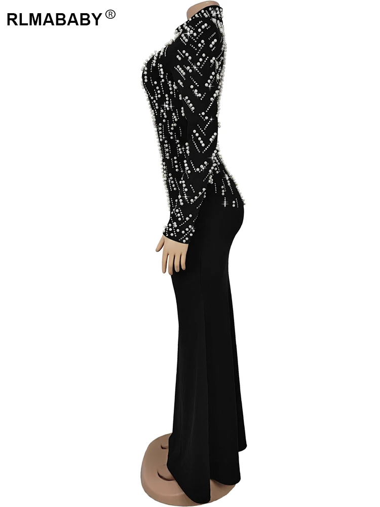 RLMABABY Elegant Party เพชรชุดยาวผู้หญิง O คอยาวแขนยาว Glitter Club ชุดราตรีสีดํา Sheath Maxi ชุด
