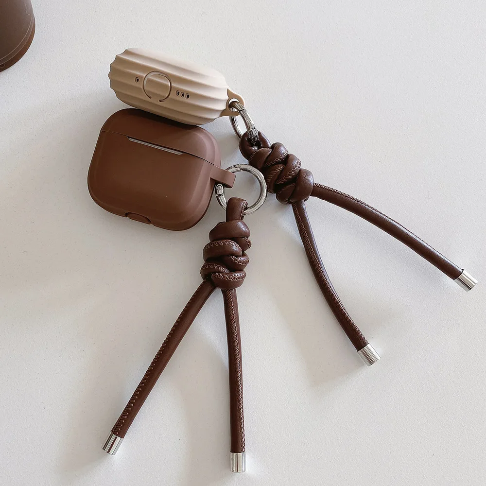 caramel milk tea colour square silicone earphone case for airpods 4 leather woven rope keychain for airpods 1 2 3 pro 2nd coque