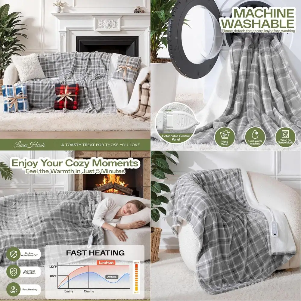 

50x60 Grey Plaid Electric Throw Blanket with 8 Heat Settings and 8-Hour Auto Shut-Off, Fast Warming, ETL & FCC Certified