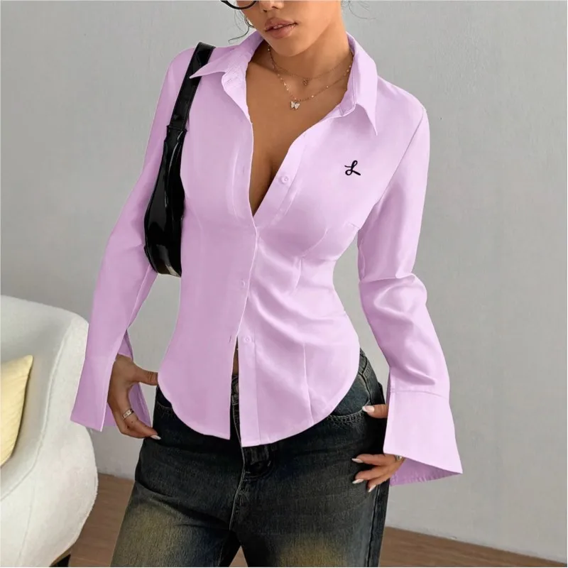 Solid Color Long Sleeved Single Breasted Slim Fit Casual Embroidered Shirt Spring Autumn New Women's Clothing Elegant Top