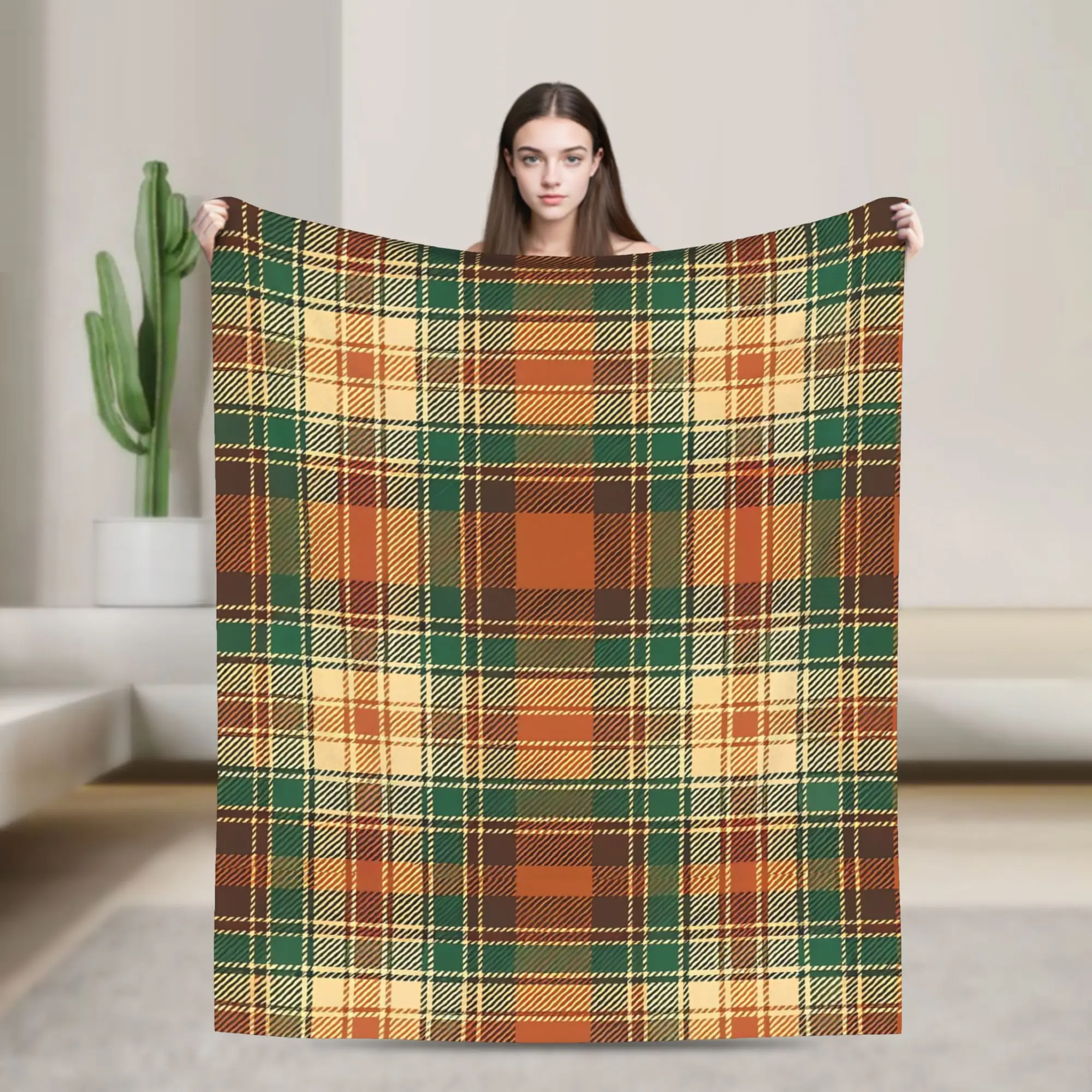 Tartan Plaid Pine Green & Spice Orange Checks  Flannel Blanket  Throw Blankets for  Sofa Bedding Lounge 150*125cm Bedspreads,