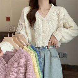 Xpqbb Cropped V-neck Sweater Cardigan Women Sweet Button Up Casual Solid Knitting Sweater Coat Female Autumn New Wild Knit Top