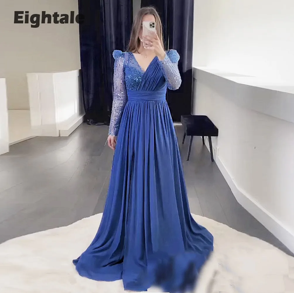 

Eightale Evening Dress for Wedding Party V-Neck Long Sleeves Chiffon Blue A-Line Pleat Sparkly Arabic Prom Gown vestido de noche