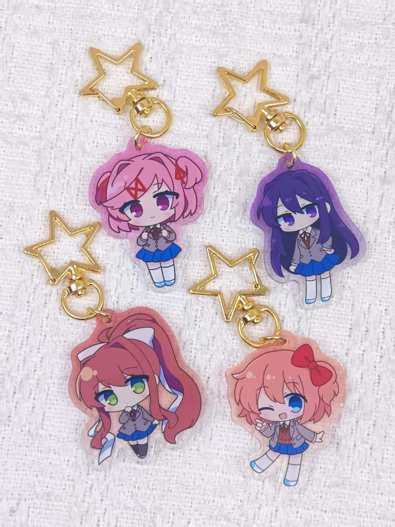 DDLC Chibi Acrylic Keychain Set, Cute Doki Doki Literature Club Anime Gold Star Clasp Key Ring Bag Charm, Fan Collectible Gift