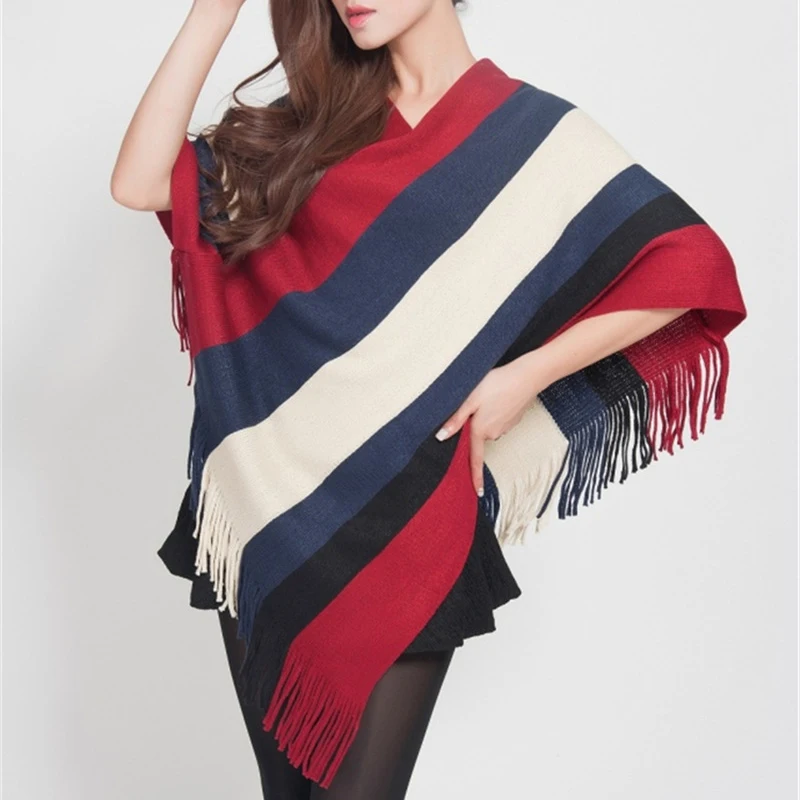 

Autumn Winter New Women Color Contrast Cloak Shawl Sweater Coat Fashion Street Tourism Poncho Lady Capes Striped Cloaks Tassel