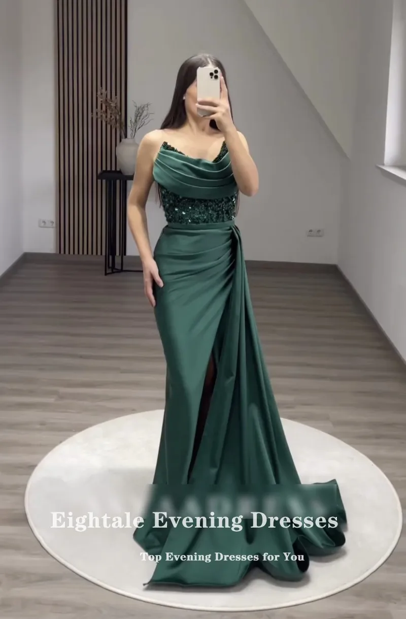 Eightale Green Evening Dress for Wedding Party Beaded V-Neck Pleats Mermaid Satin Prom Gowns vestido elegante mujer para fiesta