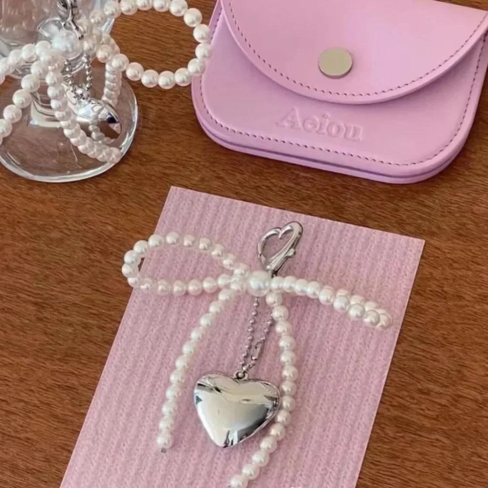 Cute Bow Imitation Pearl Keychains for Iphone Phone Case Women Fashion Heart Bag Pendant Mobile Phone Chain Kpop Jewelry