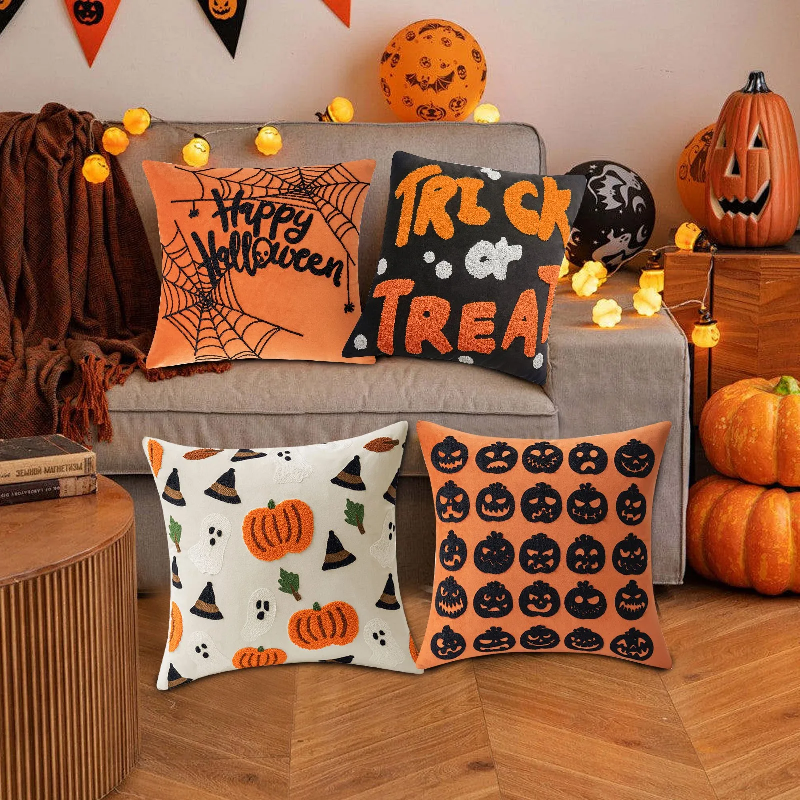 

Halloween Elements Embroidered Pillowcases For Home Living Room Sofa Festive Atmosphere Decoration Halloween Series Cushion Cove