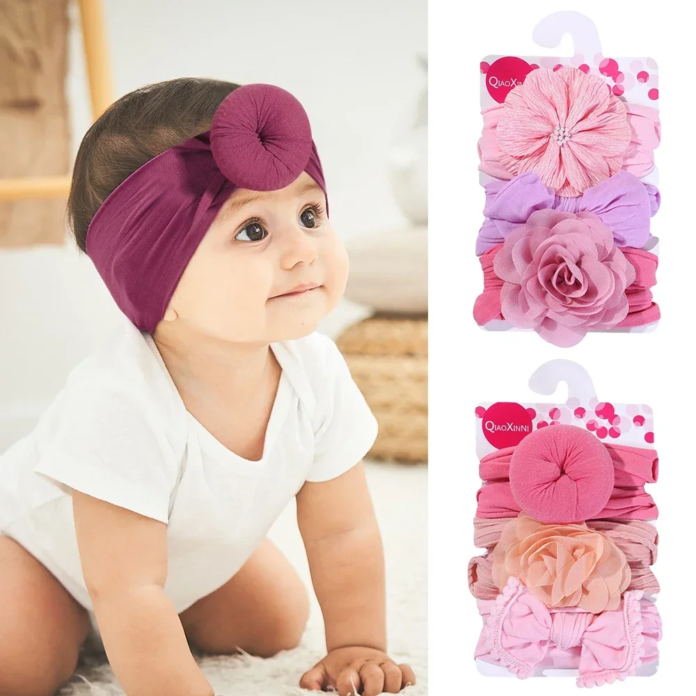 

Baby's Solid Nylon Headbands with Lace Flower Bow, Hair Bands for Newborn Donuts, Cute Fashion Kids Headwraps, 3Pcs Lot