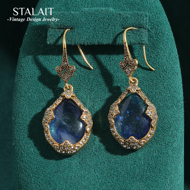 

Vintage Blue Drop Crystal Earrings Stone Jewelry Boho Natural Glass Woman Wedding Designer Antique Gold Color Luxury Accessories