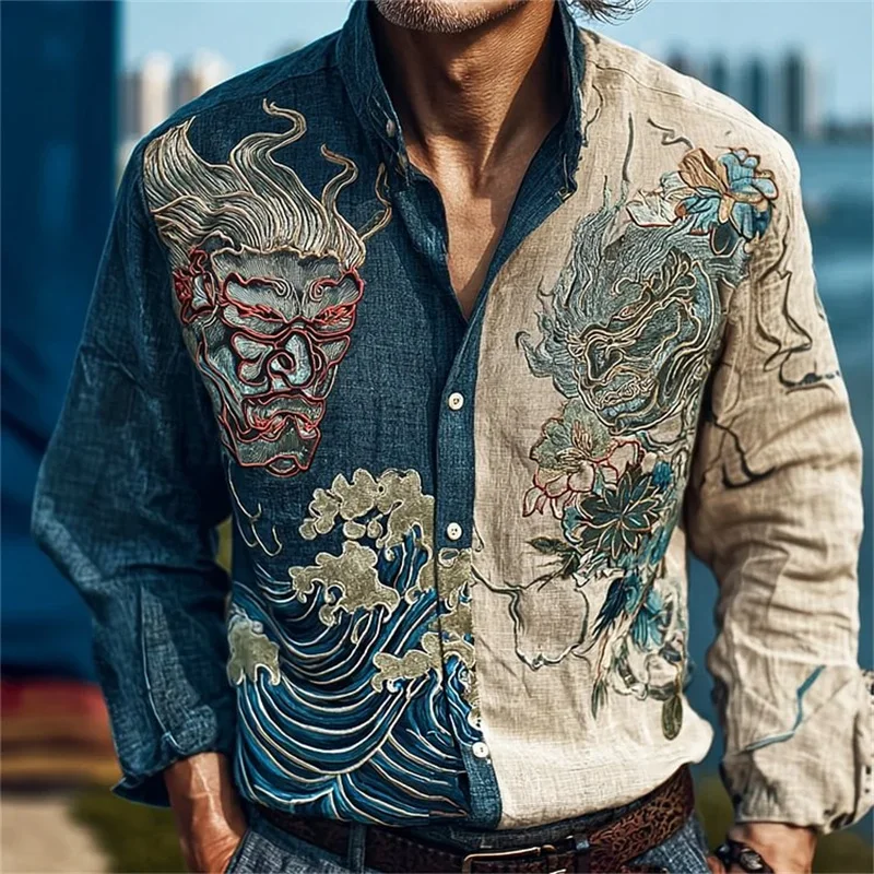 

New Ethnic Style Vintage 3D Kitten Printed Men's Linen Long Sleeve Button Shirt Vintage Notes Clothing Casual Vintage Style Top