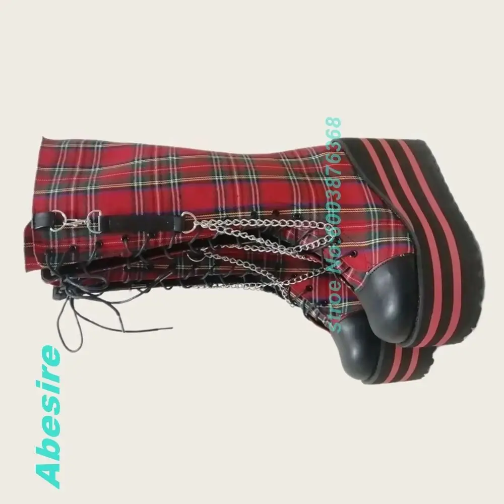 Back-Zipper Lolita Sweet Cool Shoes Red Checkered Chain Platform Knee High Boots Round Toe Wedges Cross-Tied Shoes for Women