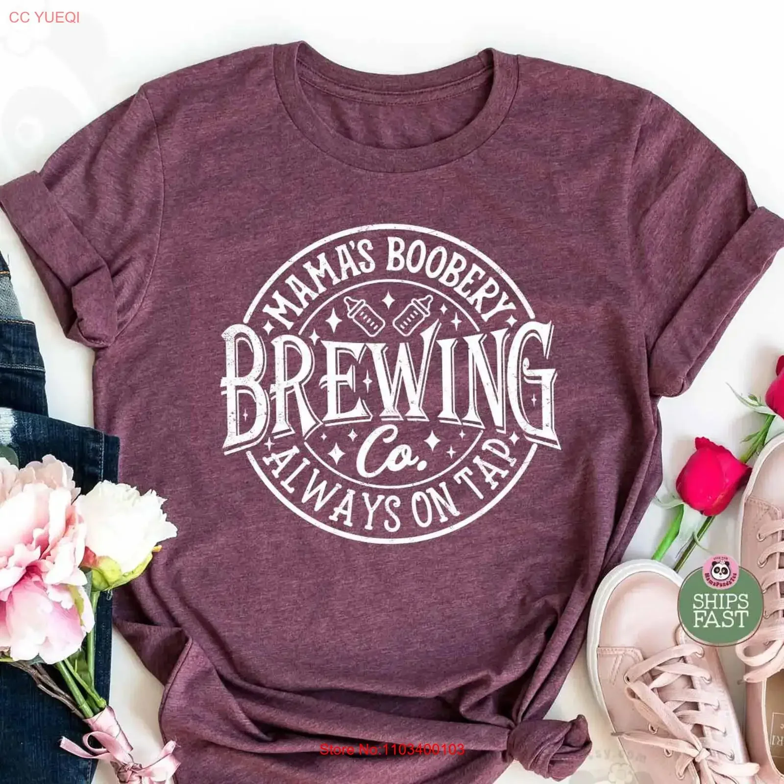 Mama Brewing Co T-Shirt, lustiges Still-T-Shirt für Mütter, Mama's Boobery, für frischgebackene Mütter, zum Muttertag, im Vintage-Look, gewaschen, Unisex, stilvoll, dehnbar