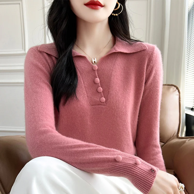 2024 Autumn/Winter New Cashmere Sweater 100% Merino Wool Knit Pullover Korean Edition Women\'s Clothing Flip Collar Sweater Tops