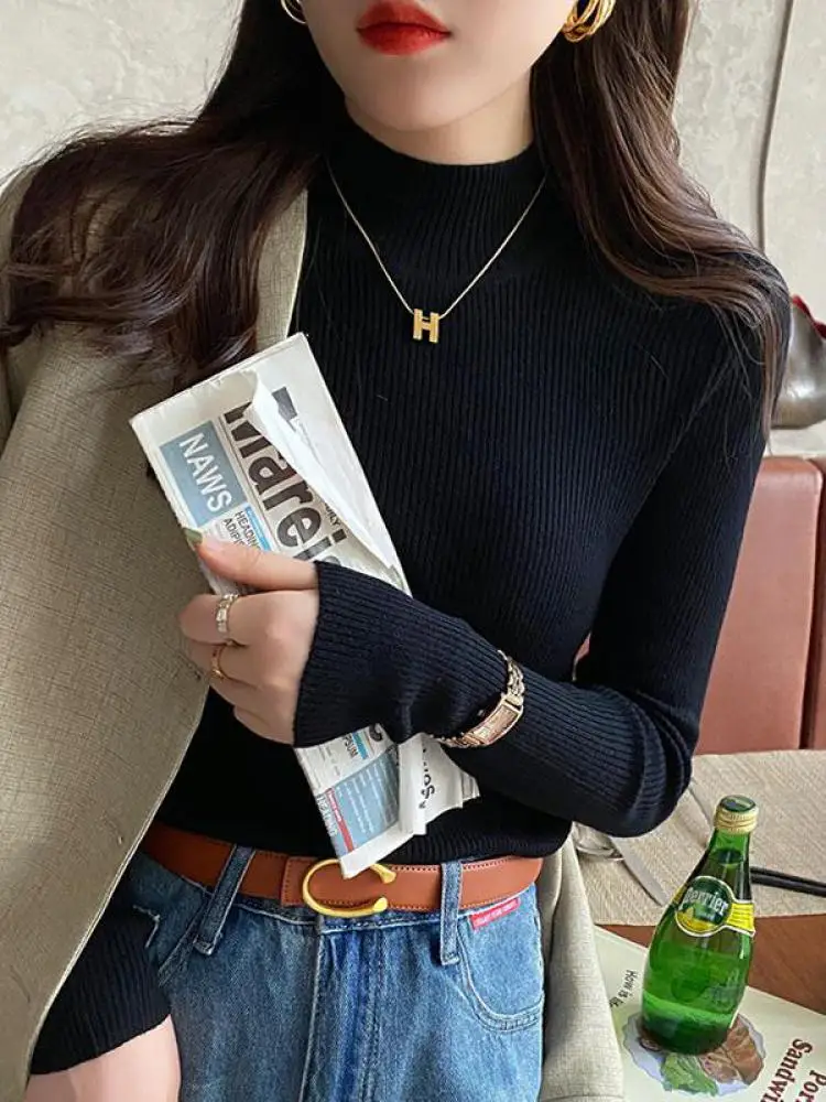 Autumn Winter Mock Neck Women Sweater Vintage Basic Solid Knitted Korean Tops Casual Slim Pullover Sweaters Simple Chic Jumpers