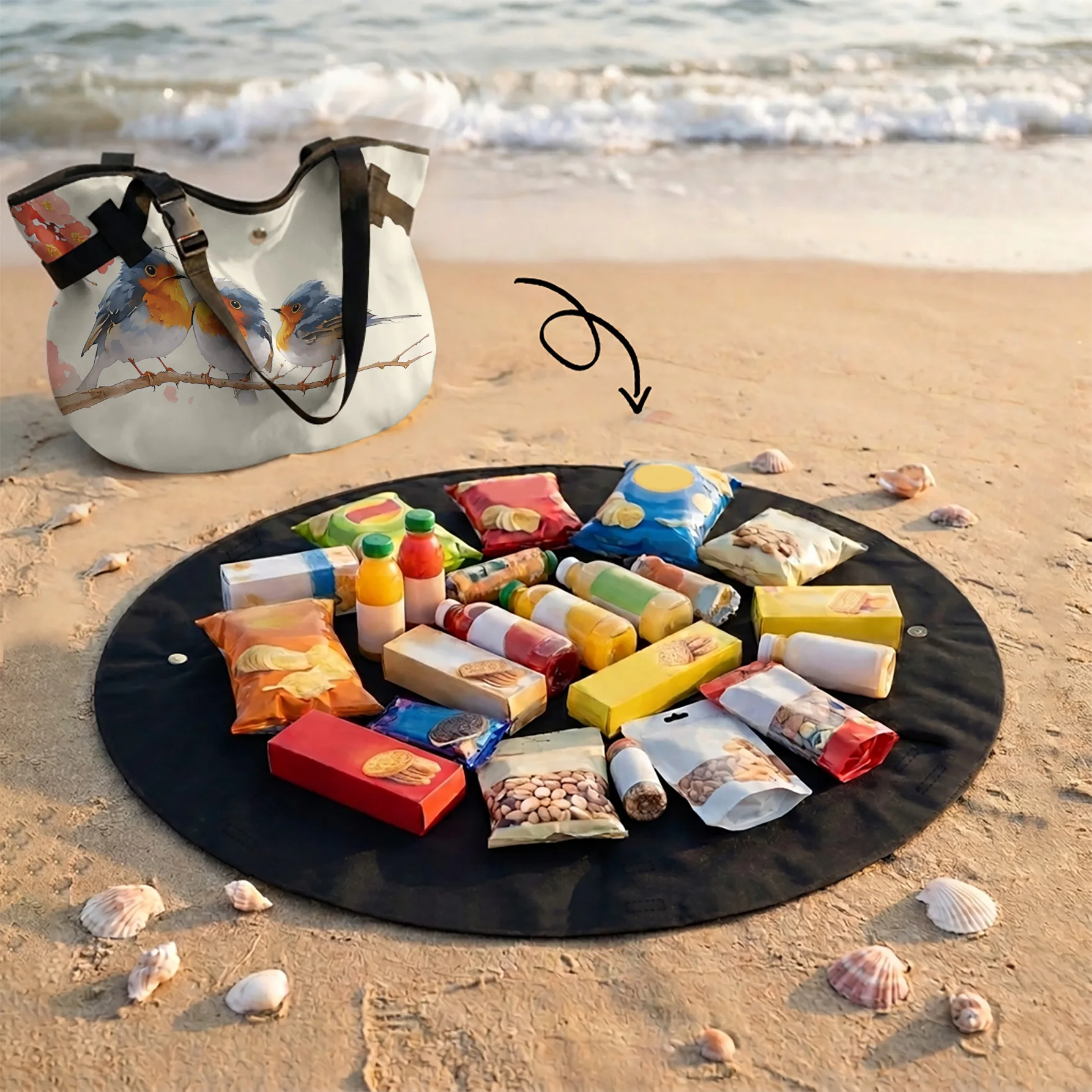 Bird Branch Print 2 In 1 Tote Bag & Round Picnic Mat, Waterproof Foldable Mat For Camping Beach Picnic Travel
