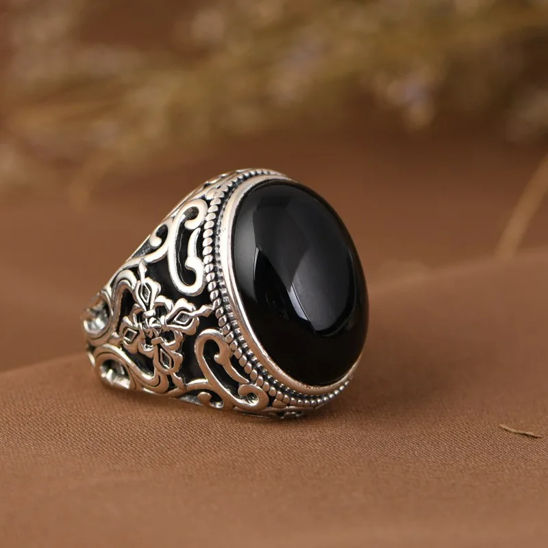 BOCAI New 100% S925 Silver Hollowed-Out Carved Lapis Lazuli/Black Agate Oval Man and Woman Ring Exaggerated Personality Gift
