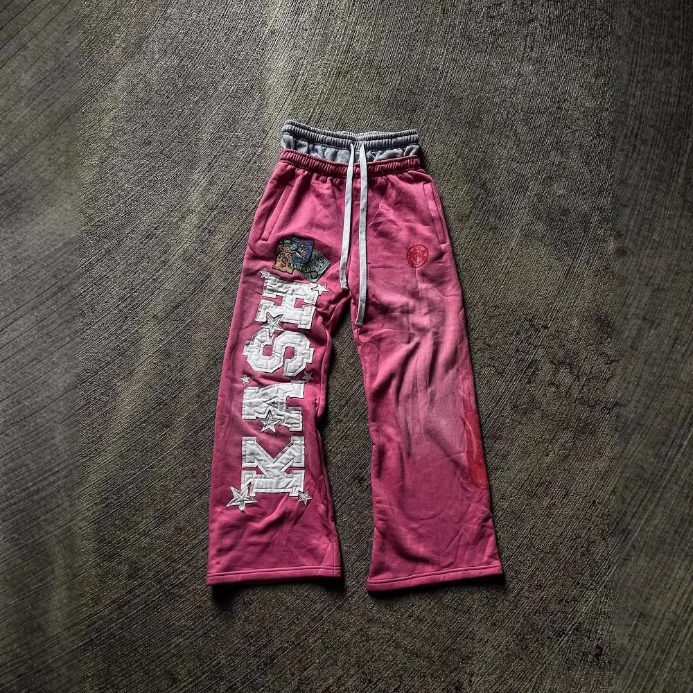 Men Women Loose Fit Straight Leg Patch Embroidery Sweatpants Casual Trousers Long Evening Dress