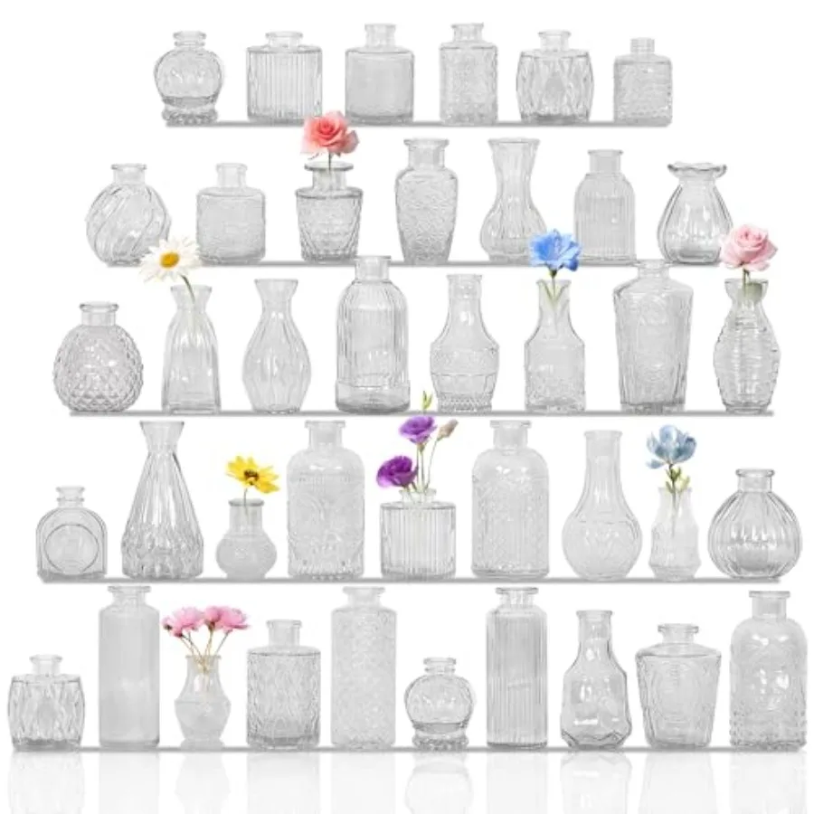 

Set of 40 Glass Bud Vases, Small Glass Vases in Bulk, Mini Vintage Embossed Flower Vase for Wedding, Centerpieces, Birthday Par