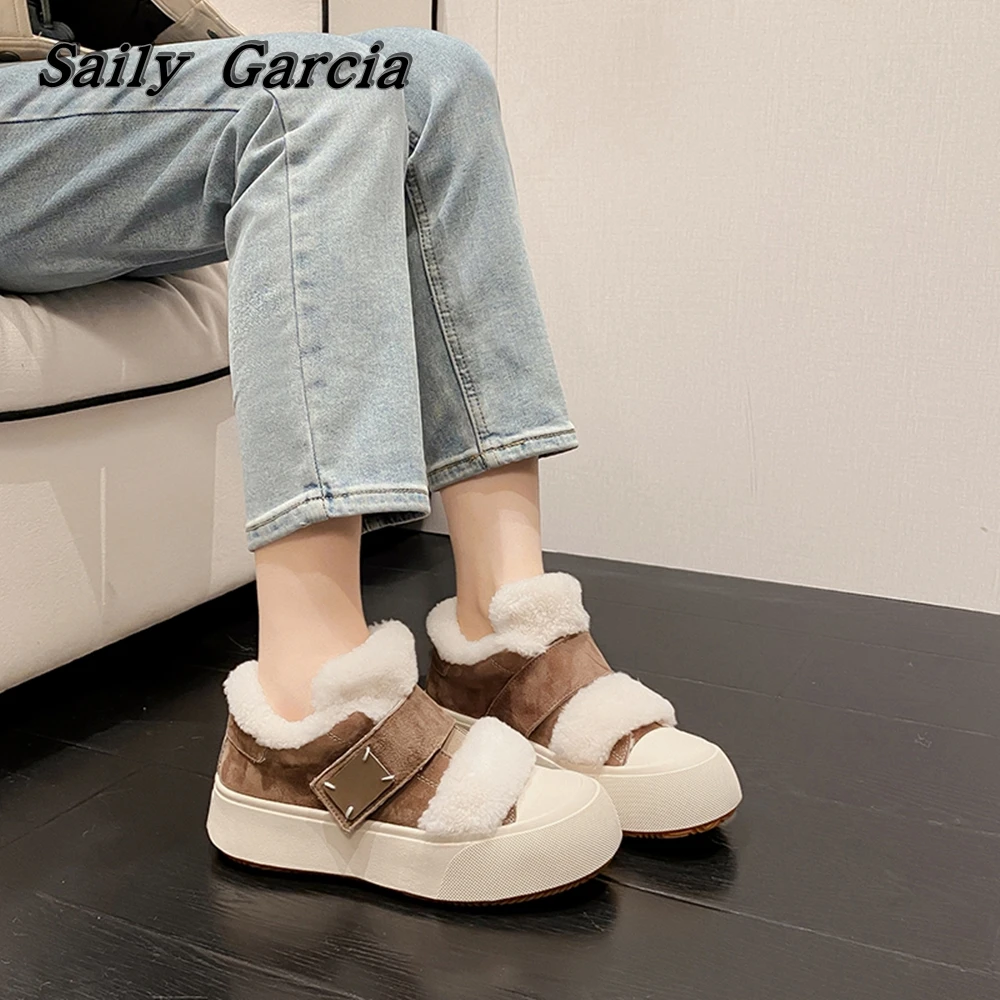 Genuine Leather Air Mesh Thicked Sole Vulcanized Shoes INS Style Mixed Color Plus Velvet Sport Shoes Round Toe EVA Sole Shoes