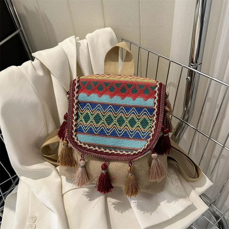 2024 Ethnic Style Tassel Bag Female Early Autumn Large Capacity Women's Backpack All-Match Leisure Bag Tide for Women