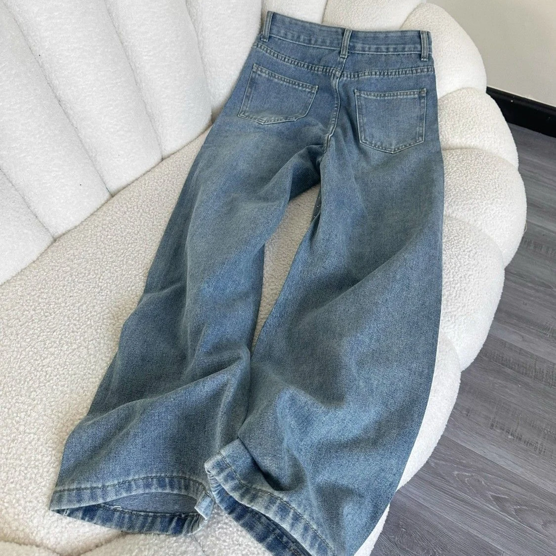 موضة حجر الراين الماس الأزرق مستقيم الساق النساء الجينز ريترو الشارع نمط عالية الخصر فضفاض بنطال ذو قصة أرجل واسعة جديد Y2k السراويل الطويلة #2