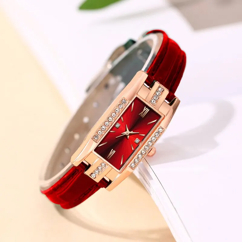 6PCS Set Fashion Women Rectangle Watches Ladies Dress Red Leather Quartz Watch Womens Necklace Earrings Bracelet Wrist Watch