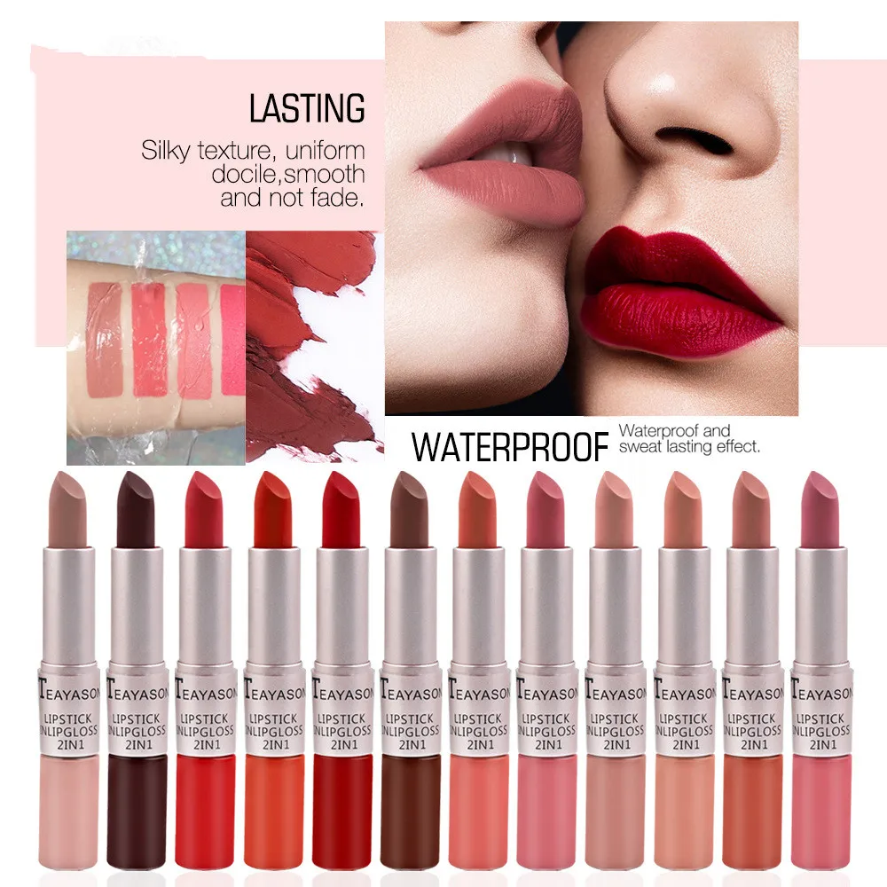12 Colors Double Head Lipstick 2 in 1 Lip Gloss Matte Lipstick Waterproof Long -lasting Women Lip Makeup Velvet Liquid Lipstick
