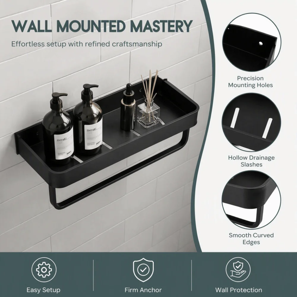 Practical Aluminum Bathroom Shelf Wall Mounted Black Towel Rack Rustproof Open Bottom Design Storage Shelf Space Saving