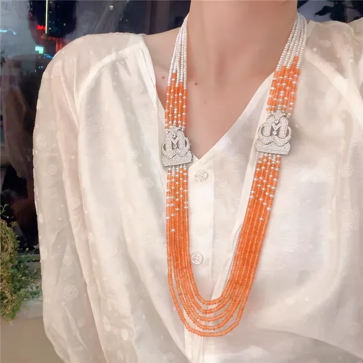 New Natural Pearl With Orange Jade Multi-Layer  Sweater Necklace for Women