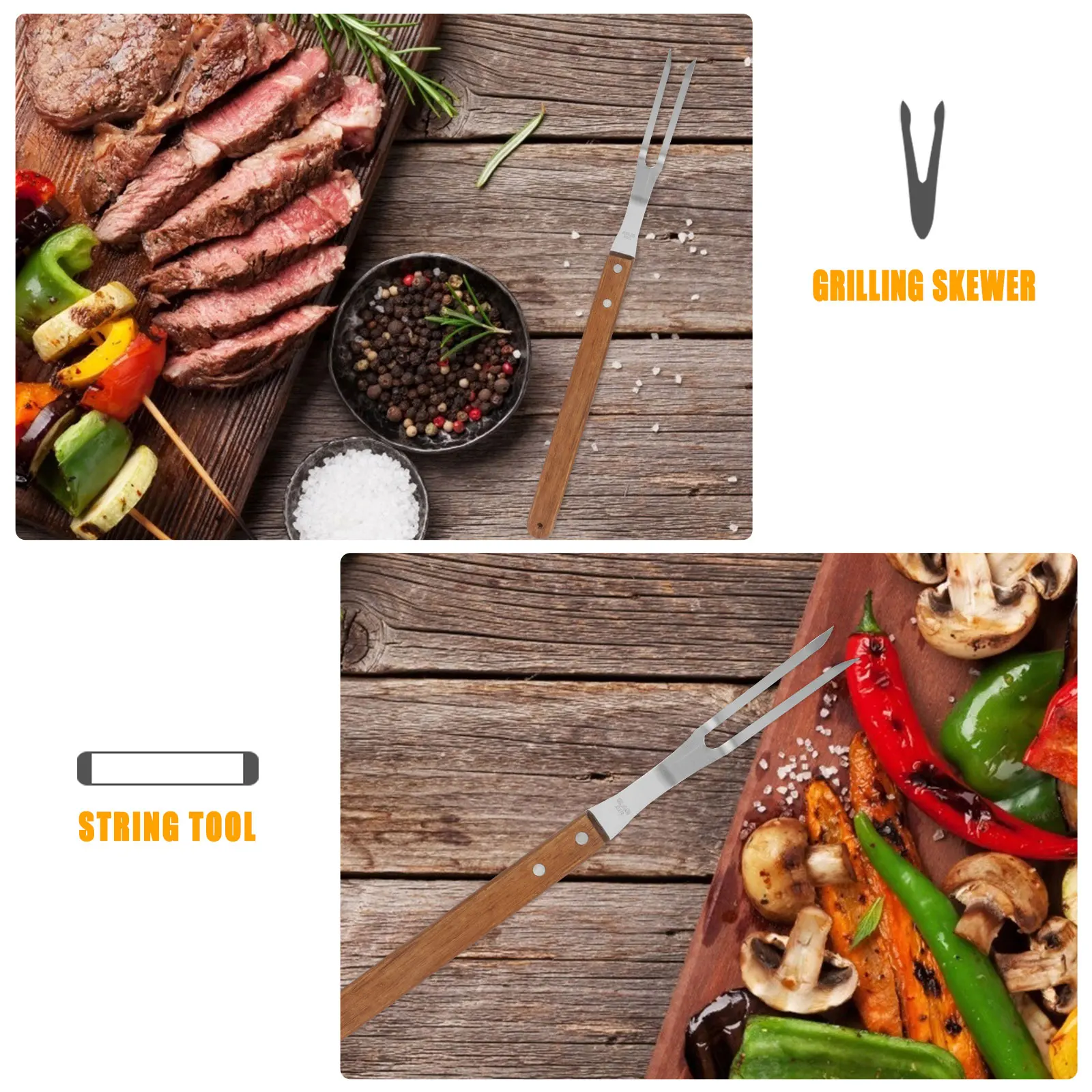 

2Pcs Stainless Steel BBQ Forks Wooden H Grilling Skewers Tools Barbecue Accessories Outdoor Picnic Home Use Kitchen Barbecue