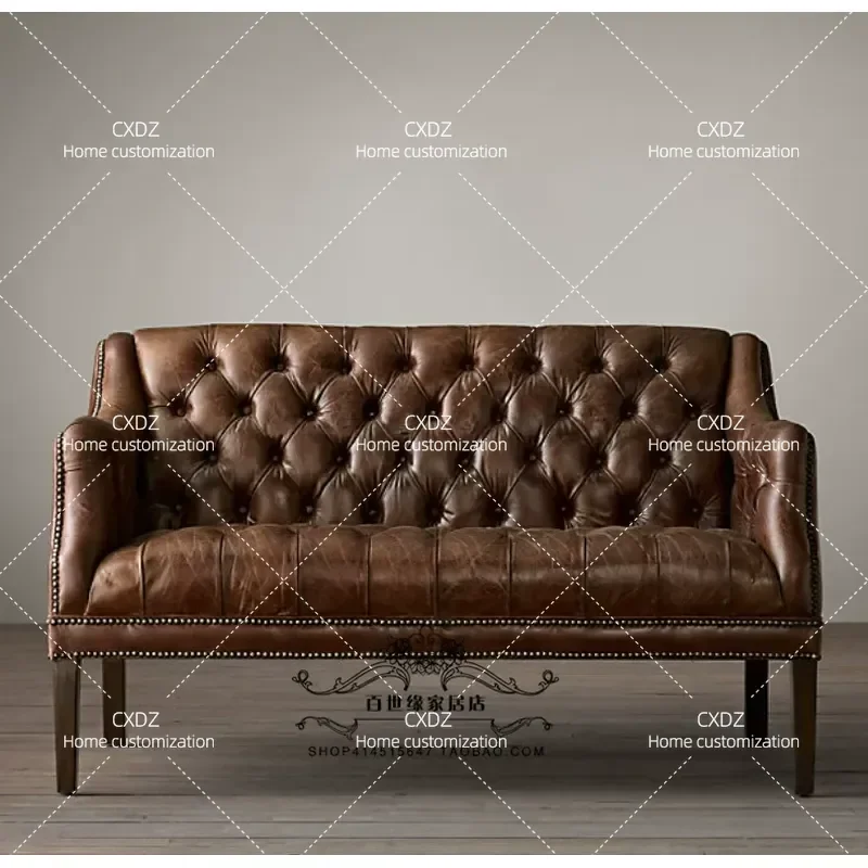 Rural Retro Leather Art Double Sofa Modern Clubhouse Three Person Sofa Cafe Leisure Sofa