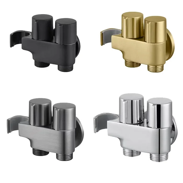

Solid Brass brushed gold or gunmetal gray 1 inlet 2 outlet dual bidet angle valve with holder for bidet shower BD234