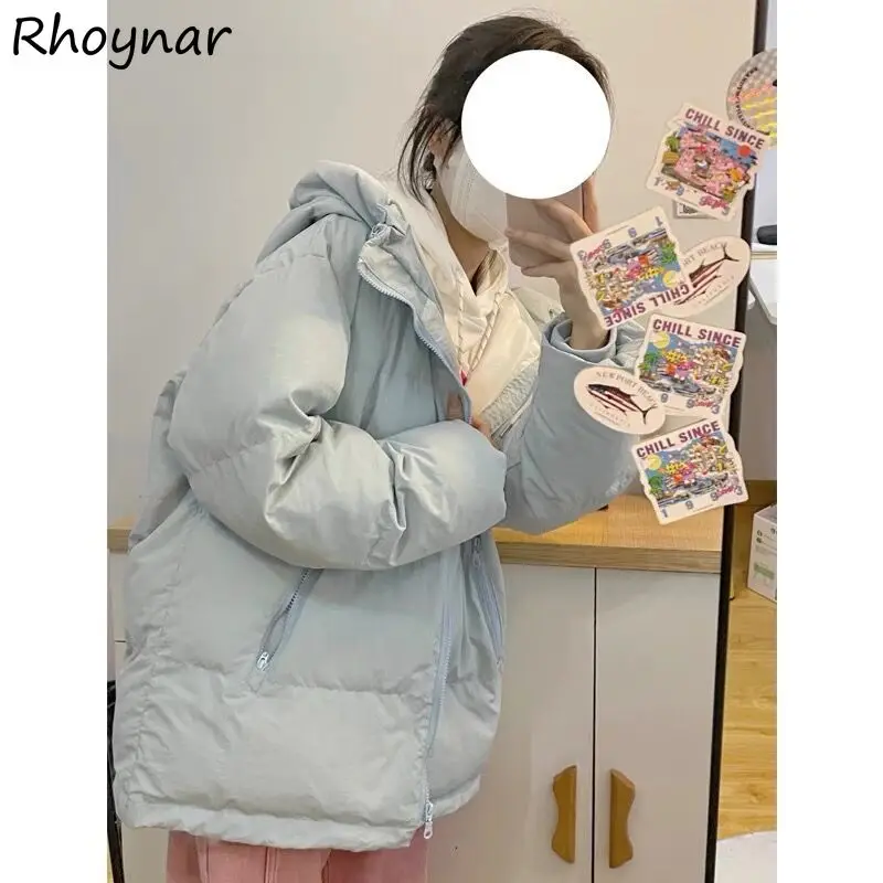 Parki z kapturem damskie luźne niebieskie słodkie w stylu preppy proste grube zimowe ciepłe hipsterskie jednolite z długim rękawem odzież moda koreańska popularne