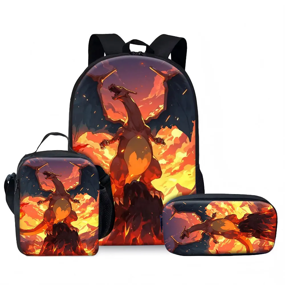 Kids Bag, Pokemon Anime, 3pcs Backpack Set Charizard Flying Roaring Flame Mountain Sunset Classic Fire Type Print Waterproof