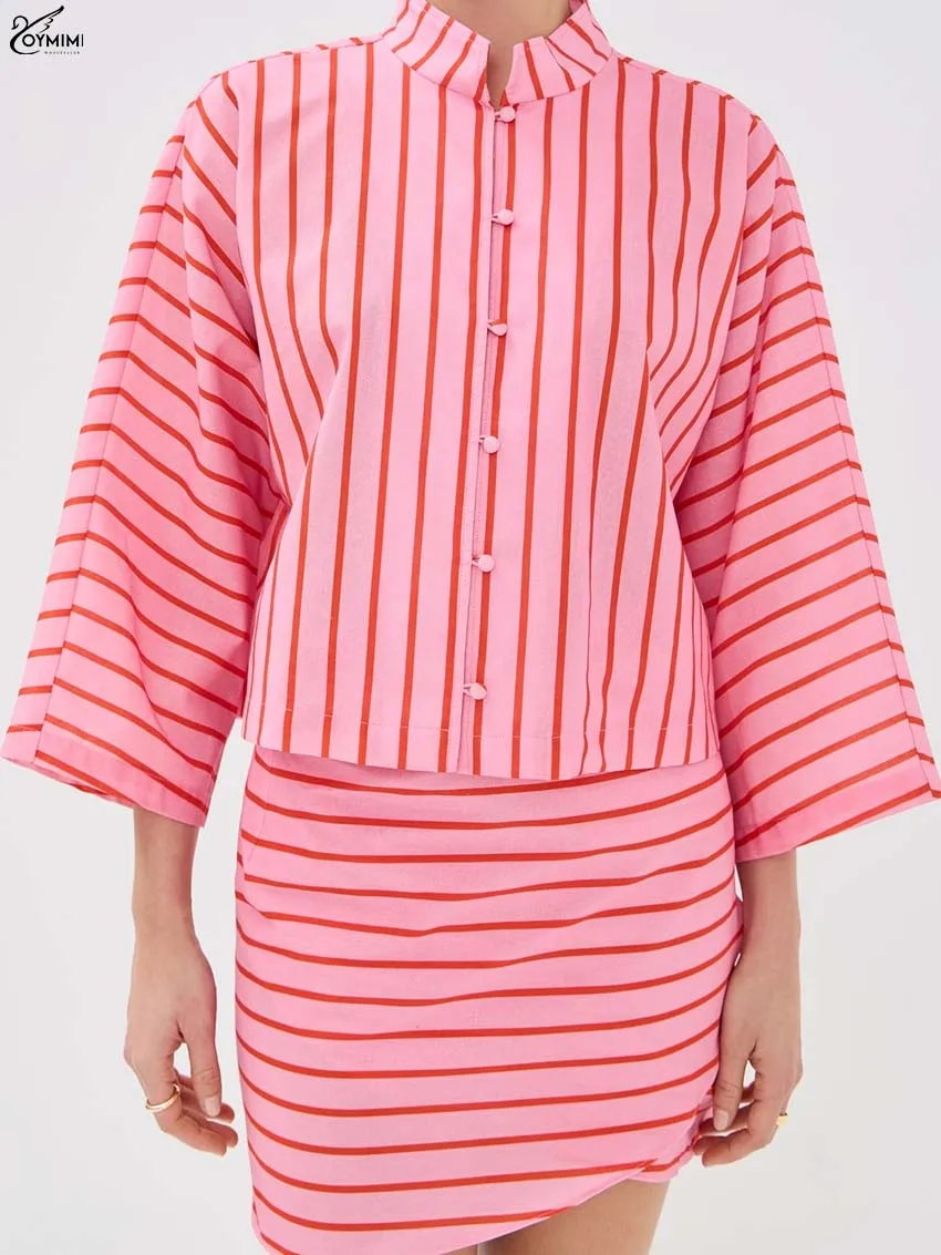 Oymimi Fashion Pink Print 2 Pieces Set For Woman Elegant Wrist Sleeve Button Shirts And Lace-Up Straight Mini Skirts Female Sets view 4