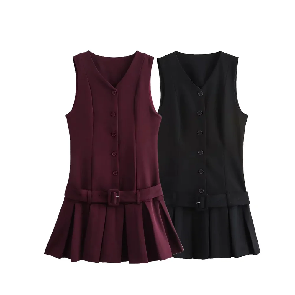 

Taop&Za 2024 all-match casual style V-neck sleeveless wide pleated hem A-line dress short skirt for women