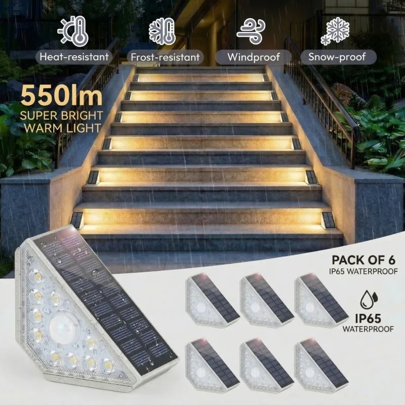LED Motion Sensor Solar Stair Light Outdoor Waterproof Super Bright Warm For Porch Yard Passage Guardrail Outdoor Garden