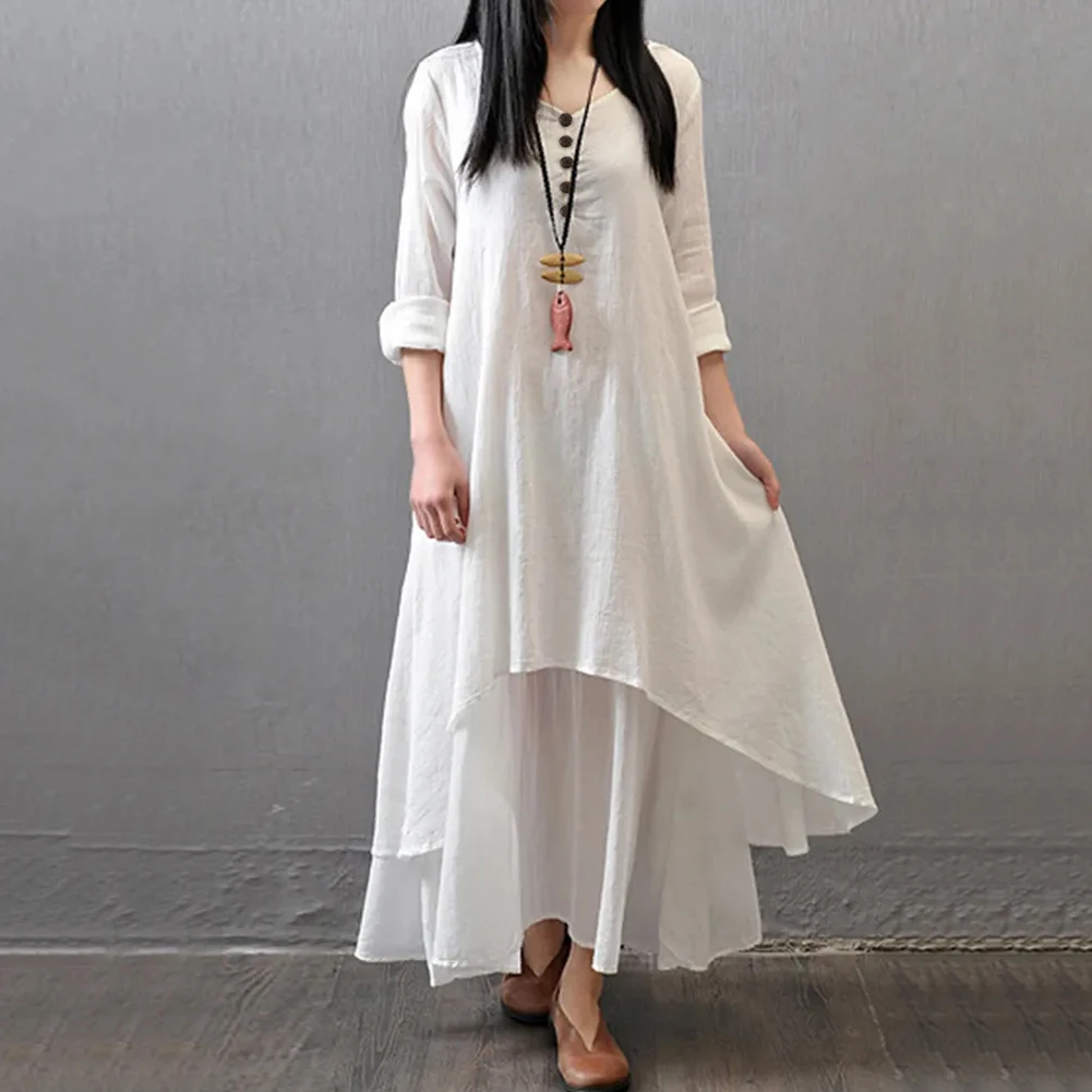 Casual Linen Maxi Womens Dresses Vintage Layering Baggy Boho Style Solid Color Oversize Spring Female Long Dress Clothing