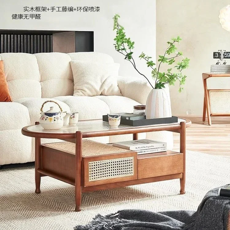 Solid wood rattan coffee table combination Changhong glass double layer with drawers round home living room rattan Internet