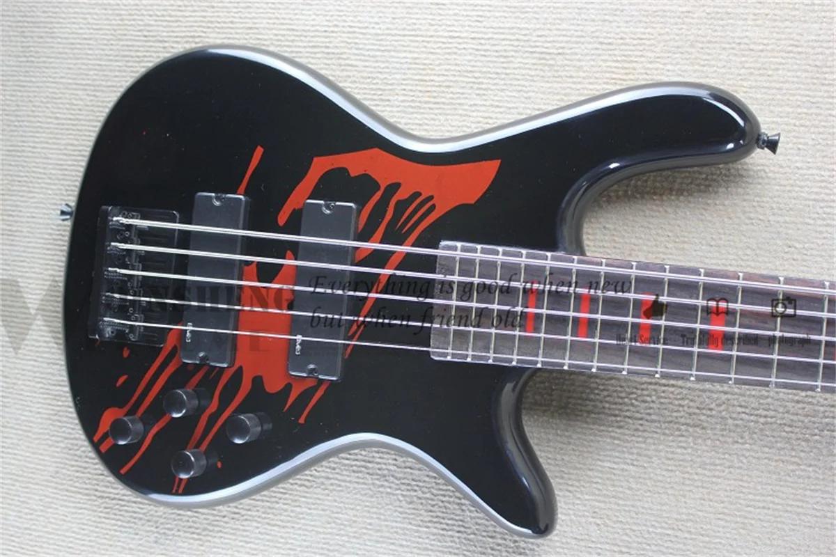 5 String Bass Guitar Spe Black Bass Maple  Neck Set In Basswood Body Red Inlay Active Battery Fixed Bridge Black Buttons