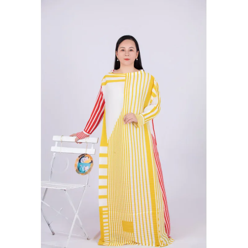 

Women's striped printed party dress Miyak Pleated Fashion loose plus size long turtleneck dress