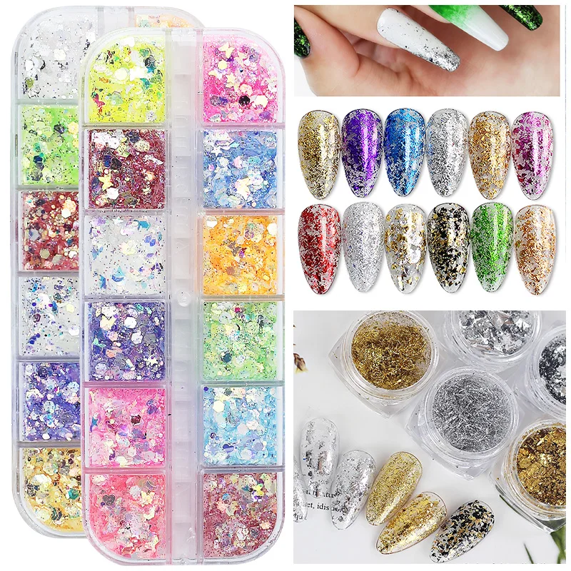 9/12 Stück hochwertiger, unregelmäßig geformter, farbiger Nagelglitzer, tragbare Platin-Nageldekoration, professionelles Maniküre-Zubehör